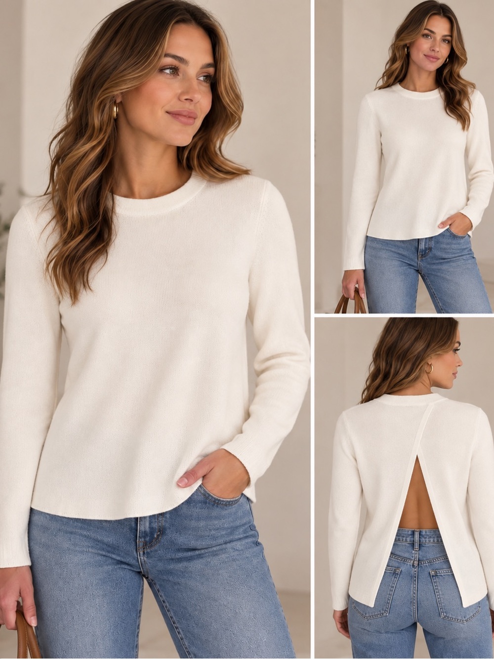Babaton Cream Open-Back Crewneck Sweater